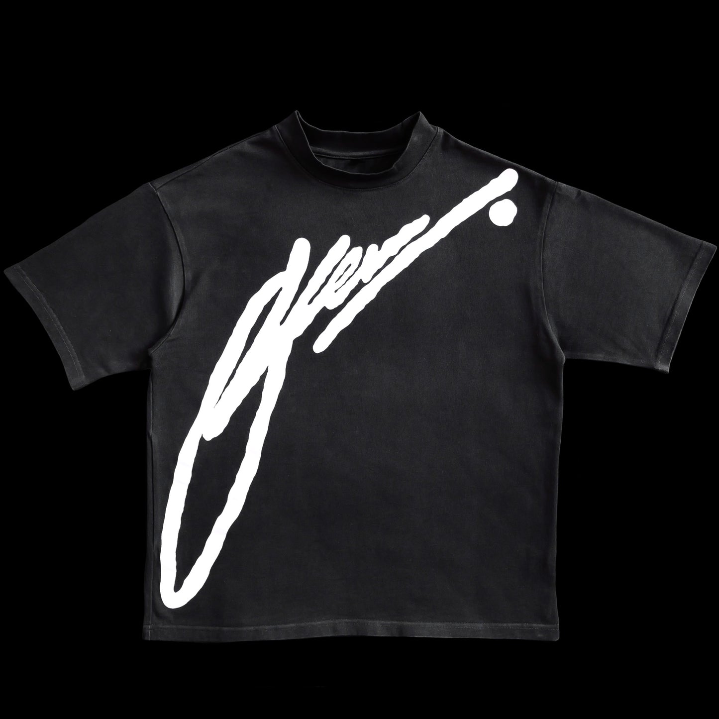 Black t-shirt with a white logo on a black background