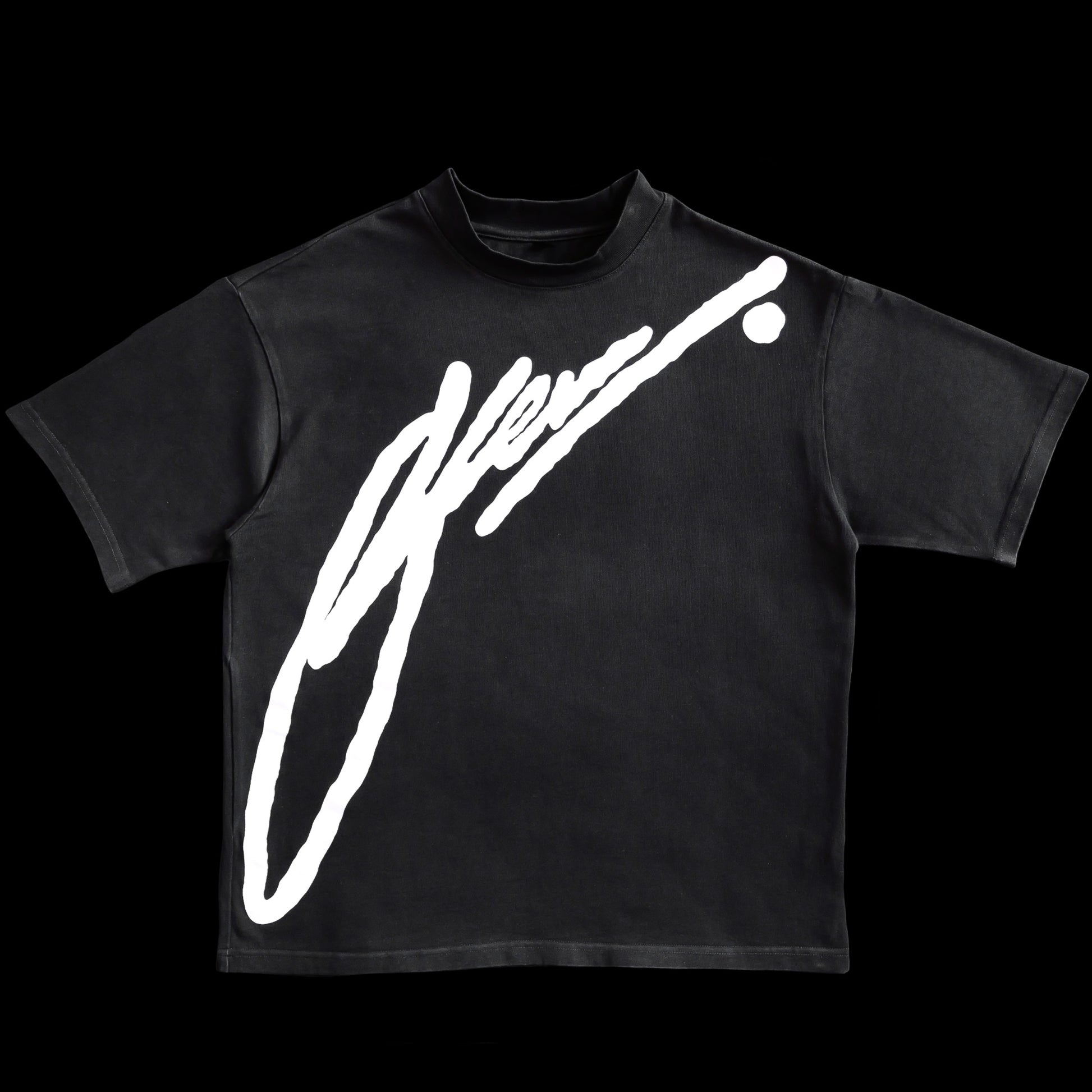 Black t-shirt with a white logo on a black background