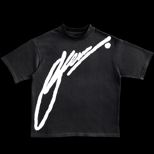 Black t-shirt with a white logo on a black background