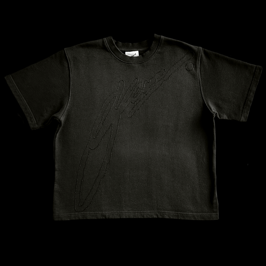 Black t-shirt with a logo on a black background