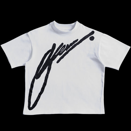 White t-shirt with black script logo on a white background